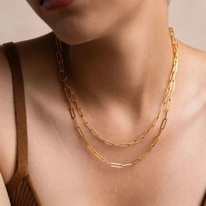 Classic 14k gold plated double-layered paperclip chain necklace for modern women