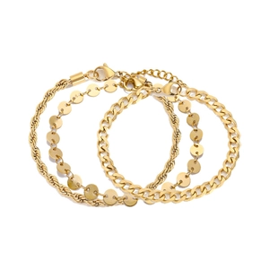 Three-piece gold stainless steel bracelet set featuring rope, disc, and Cuban chain designs