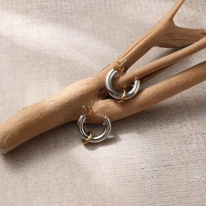Polished stainless steel double C-shaped earrings with 18k gold plating on wood branch
