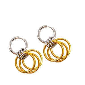 Polished stainless steel two-tone interlocking ring hoop earrings with gold and silver loops