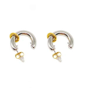 Two-tone C-shape hoop earrings with gold and silver interlaced circles for women