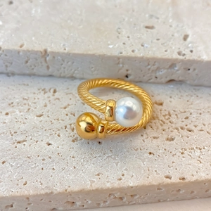 Gold-plated stainless steel twisted open ring with white pearl and polished golden bead
