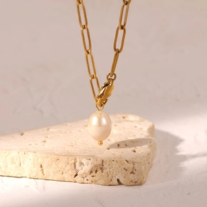 Elegant gold paperclip chain necklace with a teardrop pearl pendant for women