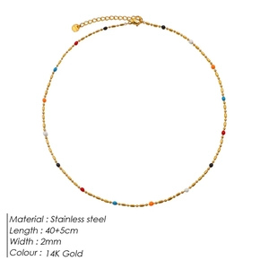 Detail of colorful beads on a 14K gold-plated stainless steel chain with lobster clasp