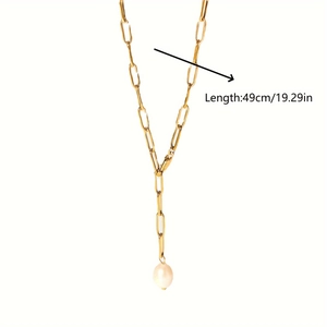 Gold paperclip chain Y-necklace with freshwater pearl pendant, 49cm length measurement