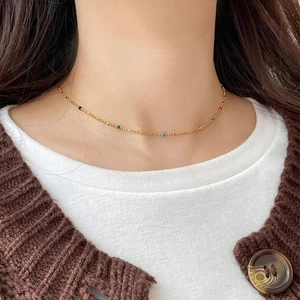 14K Gold Plated Stainless Steel Rainbow Bead Necklace With Colorful Zirconia Artificial Pearl Enamel Minimalist Boho Choker Jewelry