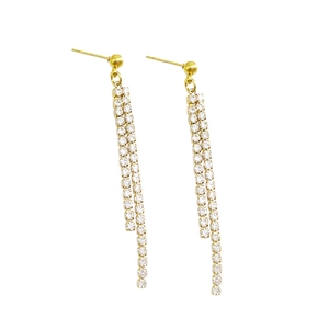 Elegant gold drop earrings with long double row zircon tassels on a white background