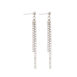 Detail of silver long tassel earrings with double rows of sparkling zircon stones