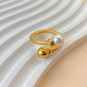 Elegant Bypass Open Ring Stainless Steel Gold Plated Twisted Cable Design With Faux Artificial Pearl And Metal Ball For Women