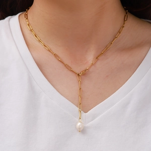 Stainless Steel Paperclip Chain Y-Shape Necklace For Women With Freshwater Pearl Pendant Elegant Gold Plated Jewelry