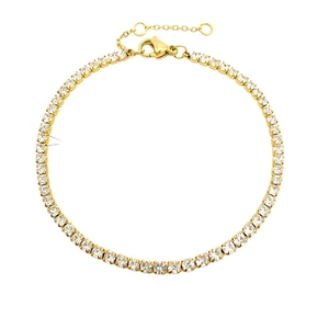 Elegant gold-plated tennis bracelet featuring round cubic zirconia and adjustable lobster clasp