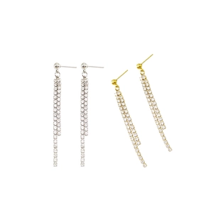 Elegant long fringe tassel earrings in gold and silver finish with sparkling rhinestones