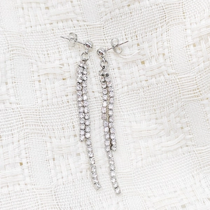 Detail of silver long tassel earrings with double rows of sparkling clear zircons