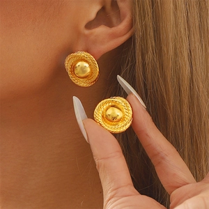 Vintage Round Stud Earrings Stainless Steel 18K Gold Plated Textured Rope Edge Smooth Dome Minimalist French Style Women