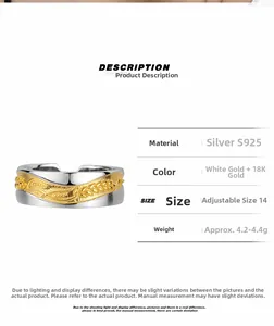 Detail view of two-tone S925 sterling silver ring with wheat grain pattern and parameters