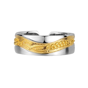 Minimalist S925 sterling silver open ring featuring a two-tone wheat ear relief pattern