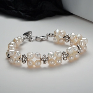 Handmade 925 Sterling Silver Woven Artificial Pearl Bracelet For Women Baroque Pearl Adjustable Jewelry Bracelet Gift