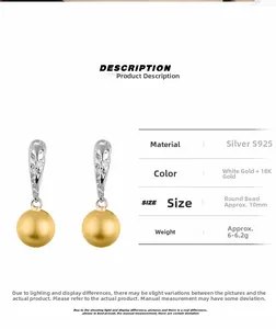 Detail specifications of 925 silver stud earrings with 10mm matte gold bead drops