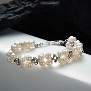 Elegant S925 sterling silver double-strand bracelet with irregular baroque pearls