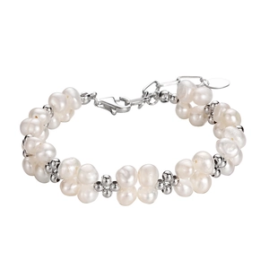 Double-row baroque pearl bracelet with S925 silver clasp and extension chain on white background