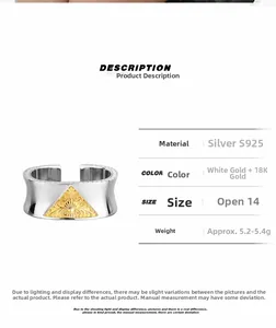 Detail of S925 silver ring with 18K gold triangle relief and embossed patterns