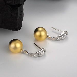 S925 sterling silver two-tone drop earrings with matte gold beads and zircon accents