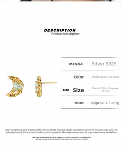 Détail macro des boucles d'oreilles lune en argent S925 avec pierre bleue en cœur