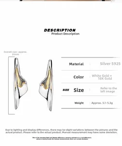 Detail view of S925 sterling silver two-tone irregular flame earrings with size data