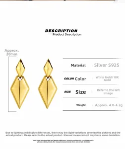 Macro view of geometric S925 sterling silver long earrings with 18K gold plated finish