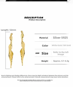Detailed specs of S925 sterling silver long wing earrings with 52mm golden wavy leaves