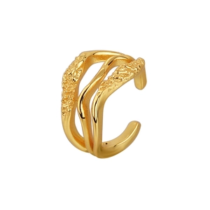 Three-layer gold irregular wavy ear cuff featuring textured and polished finishes