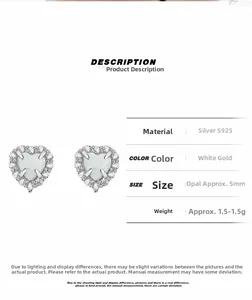 Détails des boucles d'oreilles cœur en opale et argent S925 avec zircons scintillants
