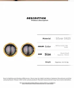 Detailed specs of S925 silver stud earrings featuring 10mm black shell with gold edges
