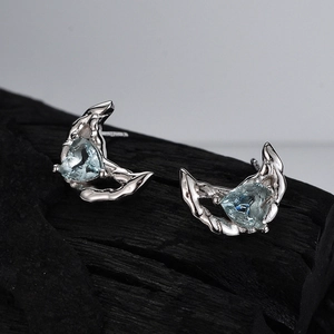 Boucles d'Oreilles Clous en Argent Sterling 925 Lune Irrégulière Cœur Texture Artistique Or Argent Électroplaqué Strass Bleu Clair Incrusté Bijoux Femme