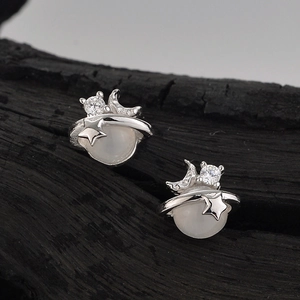 S925 Sterling Silver White Agate Saturn Stud Earrings For Women Star Moon Planet Rhinestone Inlaid Fashion Jewelry Gift