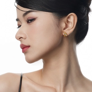 Boucles d'oreilles lune en argent S925 avec zircon portées par un mannequin