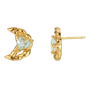 Boucles d'oreilles lune en argent S925 avec zircon de cœur bleu en finition dorée