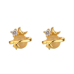 S925 silver Saturn stud earrings with white agate moon and star accents in gold