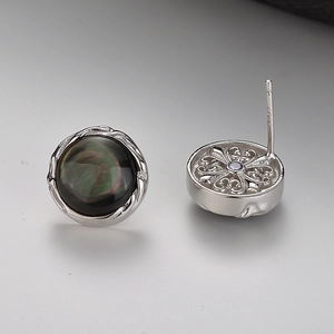 Retro Round Stud Earrings 925 Sterling Silver Natural Black Mother Of Artificial Pearl Rhinestone Ethnic Style For Women