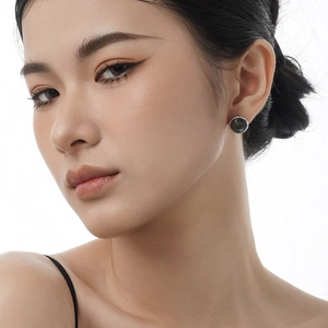 S925 silver stud earrings with gradient shell stone on model for ethnic chic style