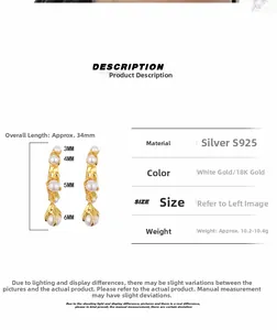 Detail view of S925 silver pearl earrings with 3-6mm bead sizes and 34mm total height