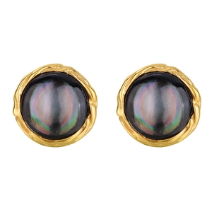 Vintage S925 silver round earrings with iridescent shell and gold twisted rope edge