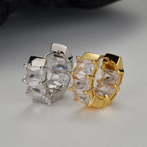 Minimalist 925 Sterling Silver Geometric Hoop Huggie Earrings For Women Zirconia Inlaid Rectangular Gemstone Small Huggies