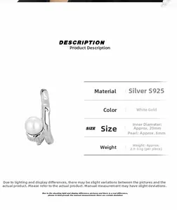 Detail of S925 silver nail earring with pearl and zirconia, showing 20mm diameter