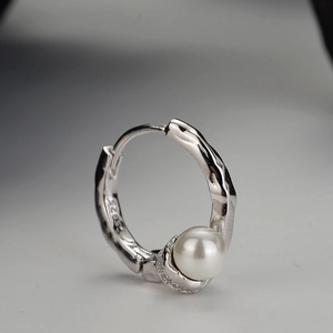 925 Sterling Silver Shell Artificial Pearl Hoop Earrings Molten Texture Zircon Inlaid Trendy Ins Style Jewelry For Women