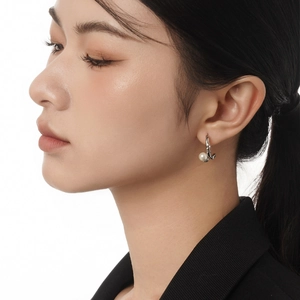 S925 sterling silver pearl nail hoop earrings with shimmering zircons for women