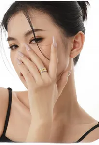 Detail showing two-tone S925 silver ring with creative wavy texture on a model hand