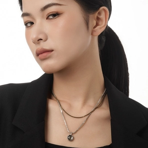 Minimalist S925 sterling silver layered necklace with round grey gemstone pendant