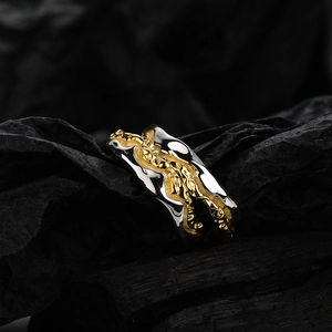 S925 Sterling silver open ring with lava flow texture and two-tone gold silver finish