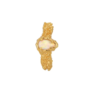 Golden S925 sterling silver ring with irregular lava texture and pear-shaped opal stone